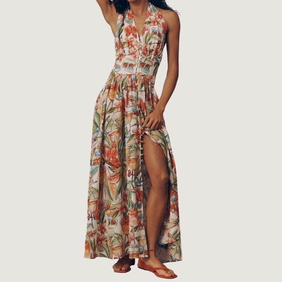 FARM Rio Dresses & Skirts - Farm Rio Cocktail Off Maxi Dress XL Tropical Floral Linen Blend Halter White